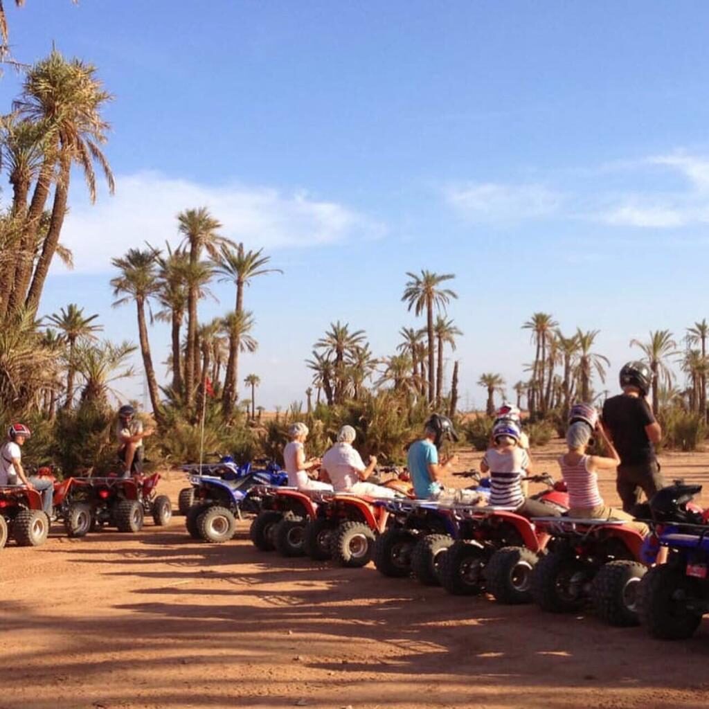 Person riding a quad bike through the lush greenery of the Marrakech Palm Grove.