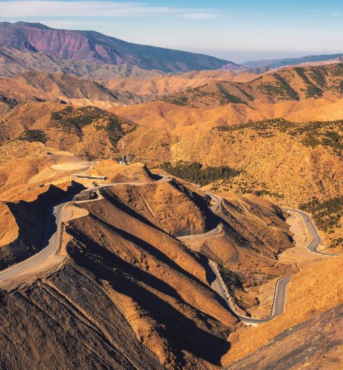 Scenic view of Tizi n'Tichka pass on the road to Zagora in Morocco's Atlas Mountains